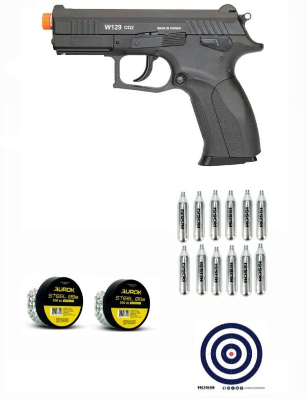 Pistola De Pressão Wingun W129 BlowBack 4,5mm + Esferas de Aço + CO2 + Alvo