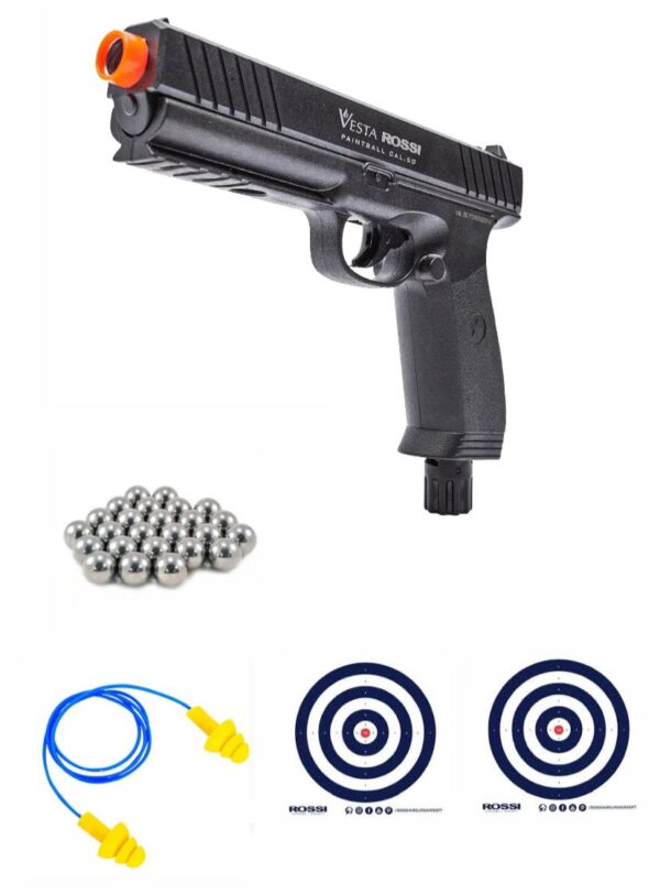 Pistola de Paintball Rossi Vesta CO2 .50 Pol + Esfera de aço + 2 Alvos + Protetor Auricular + 5 CO2