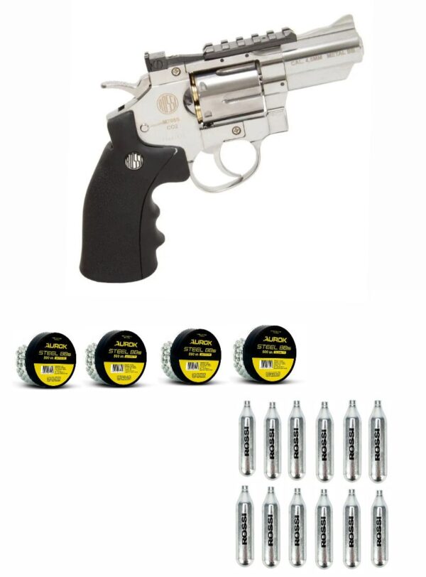 Revolver Pressão Wingun Niquelado 708S 2 Polegadas CO2 4,5mm + 4 Esfera de Aço + 12 CO2