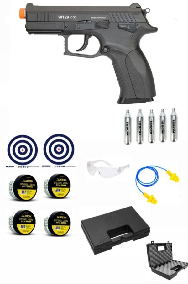 Pistola De Pressão Wingun W129 BlowBack 4,5mm + Esfera de aço + Alvos + CO2 + Protetor Auricular + Maleta + Óculos