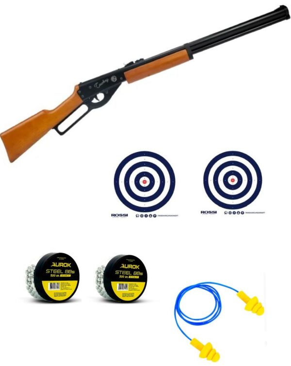 Carabina de Pressão Rossi Cowboy Lever Action 4,5mm - Madeira + 2 Cx Esferas+ 2 Alvos + 1 Protetor Auricular