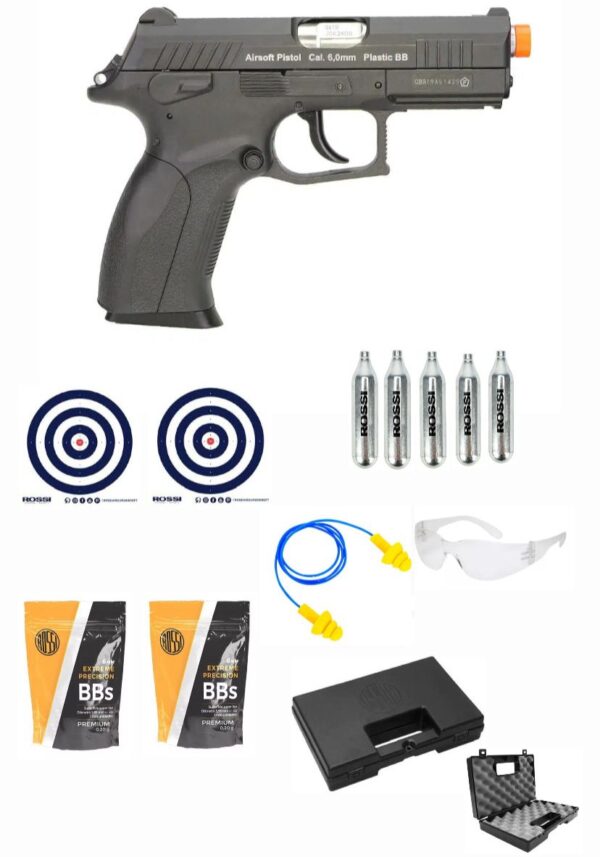 Pistola Airsoft W129 BlowBack CO2 BBs 6,0mm + 2 Esferas BBs + 5 CO2 + 2 Alvos + Óculos Proteção + Protetor Auricular + Maleta