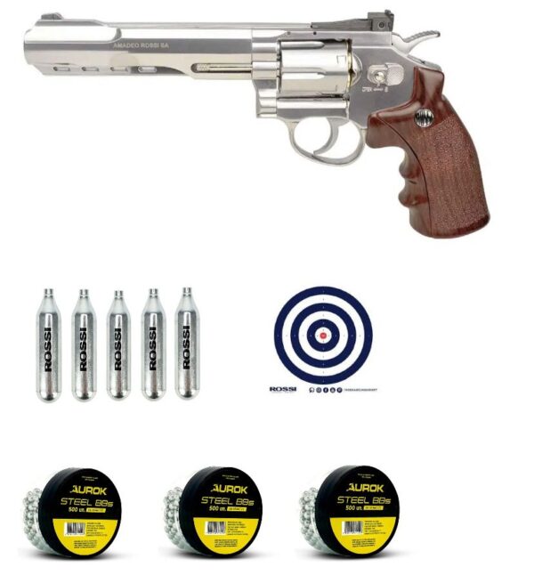 Revolver De Pressão Wingun Rossi W702S Niquelado - 6" CO2 4,5mm + Alvo + 3 Esfera de Aço + 5 CO2